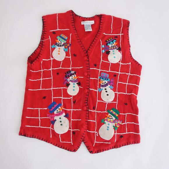 Vintage Victoria Jones Red Cotton Vest Snowmen Holiday Festive Cabincore XL - Picture 1 of 9